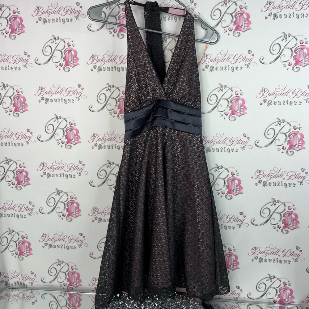 Teeze Me dress halter lace pink and Gray Backless Dress tie up y2k babydoll